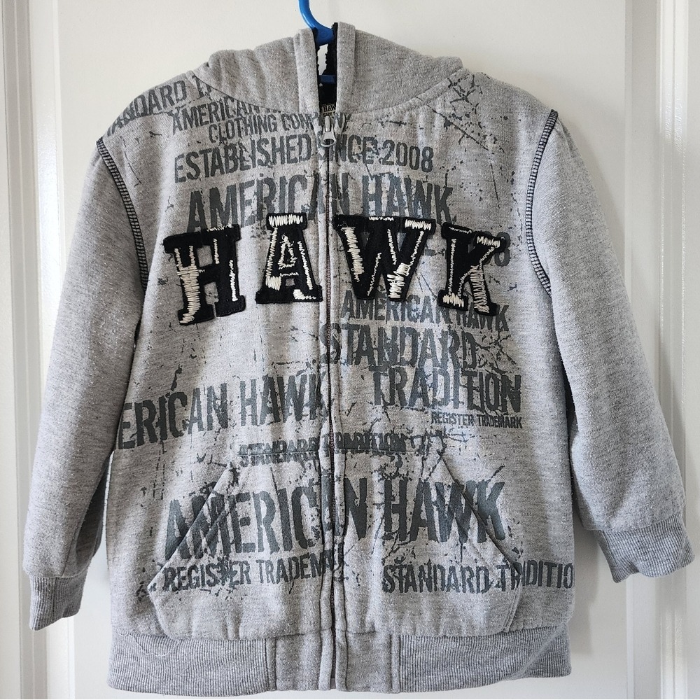 Kid's sz 5/6 American Hawk Gray Sherpa Lined Full Zip Graphic Hoodie Sweatshirt‎